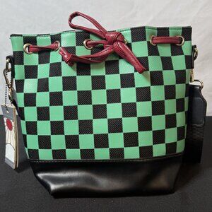 Demon Slayer Tanjiro Inspired Green Black Checkered Bucket Crossbody Bag Anime